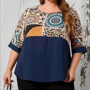 Emery rose patchwork print color block high low plus size top 1XL